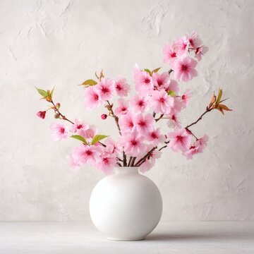 Still life of pink cherry blossoms arranged in a minimalist white vase against a textured backdrop creating a serene, springtime, floral arrangement.