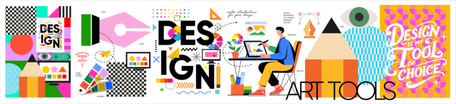 Design, tools, art and workspace. Vector modern creative illustrations of a designer working at a computer at a desk in his workplace, pencil, pen, graphics tablet, geometric pattern, typographic logo