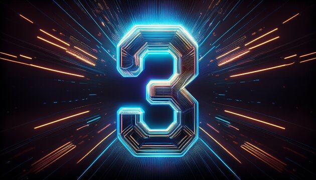 digital countdown number 3 with streaks of light