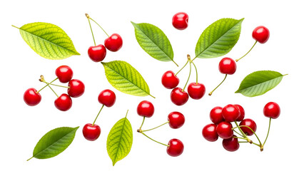 Fresh Red Cherries And Green Leaves Scattered On White
