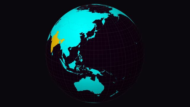 Arunachal Pradesh, India on Globe. Animated zoom into the state. Arunachal Pradesh, India intro, logo, presentation animation. Boundary shape on globe with round text. Short video.