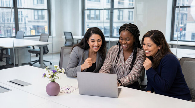 Women's Day diverse women team celebrating achievement laptop office flowers card empowerment collaboration success business corporate workplace happiness excitement