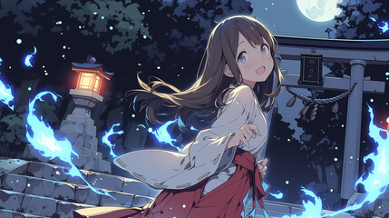 Shrine maiden surrounded by blue spirit flames at a Japanese shrine at night, mystical spiritual scene
,夜の神社で青い霊火に囲まれる巫女 日本の神秘的なスピリチュアルイメージ
