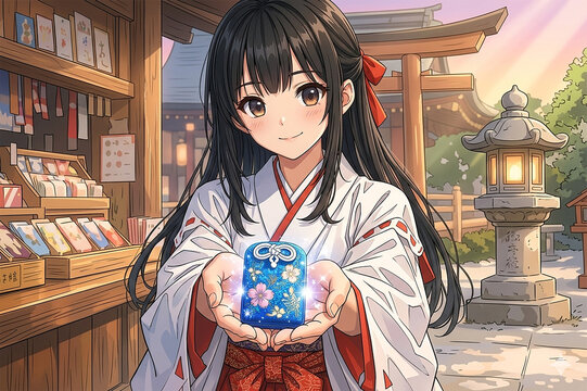 Shinto shrine maiden offering a lucky charm at Japanese shrine, traditional culture concept
,巫女がお守りを差し出す神社の風景 日本文化 開運祈願イメージ
