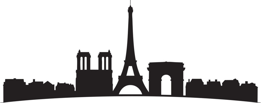 Paris skyline silhouette with Eiffel Tower, Notre Dame, Arc de Triomphe on transparent background
