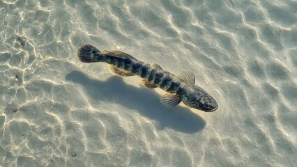 Obraz premium Top View of a Snakehead Fish Swimming in Shallow Crystal Clear Water over Sandy Bottom