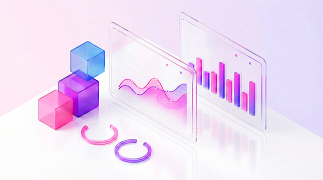 Isometric 3D business data analytics charts with glassmorphism style