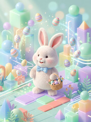 Kartka wielkanocna dla maluchów przedstawiająca króliczka wielkanocnego z koszyczkiem pisanek