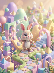 Kartka wielkanocna dla maluchów przedstawiająca króliczka wielkanocnego z koszyczkiem pisanek