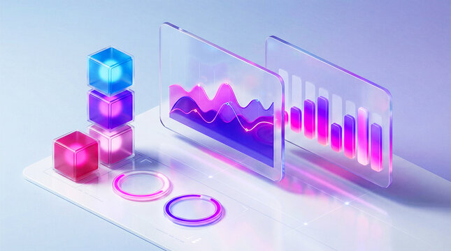 Isometric 3D data analytics dashboard with glass financial charts and graphs