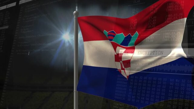 National flag waving from breeze, folding, revealing crest as code overlay scrolling for broadcast
