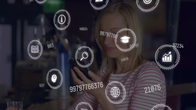 Woman tapping phone at bar, voicing commands, starting animated icons and numbers for education