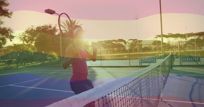 Female player stepping forward, executing overhead smash on incoming ball to return at net, sports