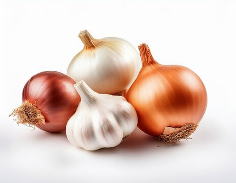 fresh onion and garlic bulbs isolated on a clean white background
