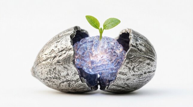 Sprouting crystal from geode, green leaves growing