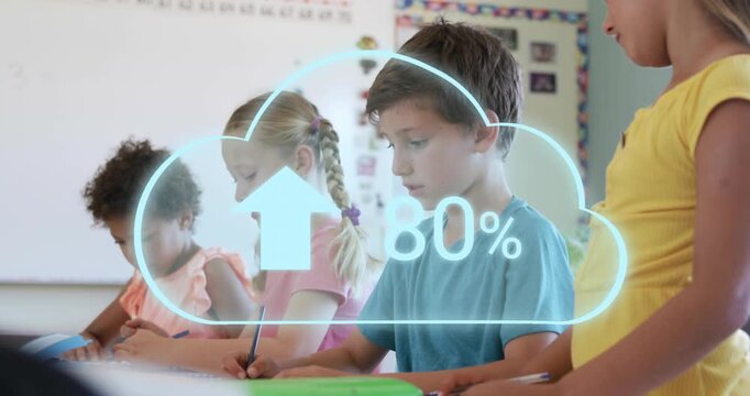 Students starting test writing at desks, cloud progress graphic over group rising to 100% tracking