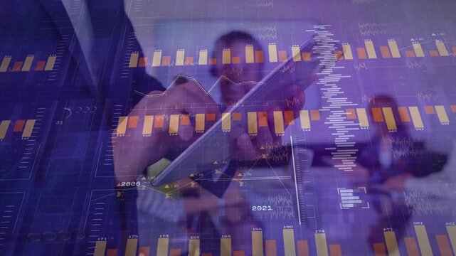 Woman in dark suit tapping tablet and showing expanding animated bar charts to share business data