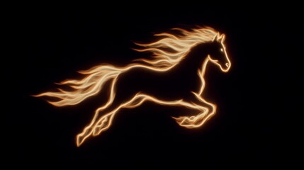 Stylized outline of a galloping horse made of fiery light against a black background, symbolizing energy, power, and freedom for dynamic branding or fantasy designs.