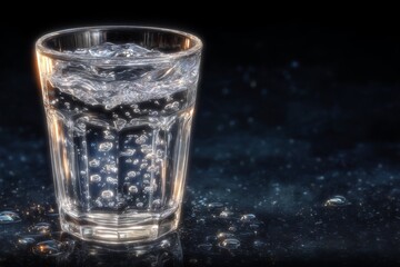 Close-up of a clear glass filled with fizzy water and shimmering bubbles on a wet surface, conveying freshness and purity for beverage, health, or hydration campaigns.