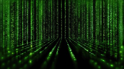 Digital Rain's Code Pathway: Abstract visualization of digital data streams, with luminous green code cascading down in a visually stunning.