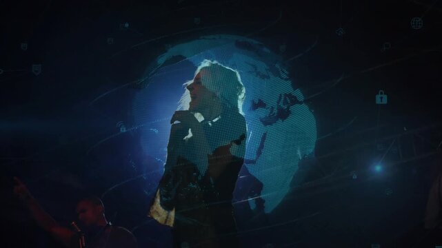 Lead singer flipping hair to music beat, leaning into mic to sing, globe aligning with silhouette