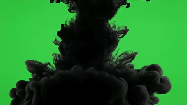 Dramatic Fluid Art with cloud of black paint mixing into water over green screen slowly filling the view distortion, overlay, glitch, static noise, scan lines on background, 4k animated video loop