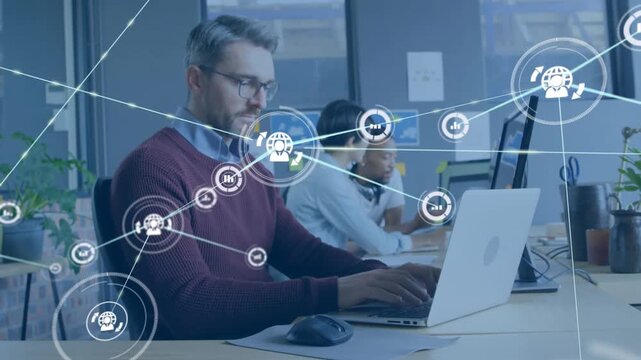 Man typing on laptop network node appearing near laptop growing into tech web showing data links