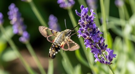 Fototapeta premium Hummingbird Hawk Moth Feeding on Lavender Flower.