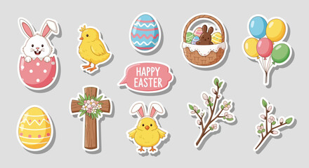 Fototapeta premium Easter-themed illustrations featuring bunnies, eggs, and chicks in a festive spring setting with floral elements and celebratory icons