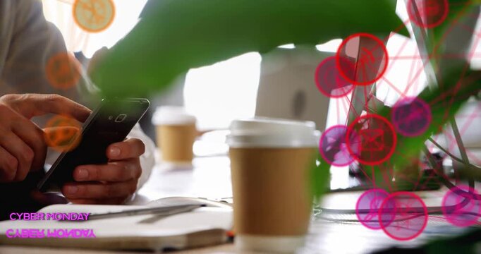 Man tapping phone, leaf sliding by, tapping launching retail Cyber Monday overlay over phone