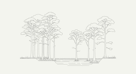Fototapeta premium Minimalist Line Art Illustration of Cypress Trees in a Swampy Landscape