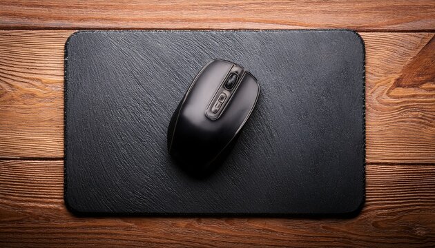 one black mouse pad on wooden table top view isolated with white highlights