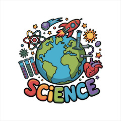 Naklejka premium Science Education Emblem Vector Illustration, Colorful Science Theme Icons and Graphics. 