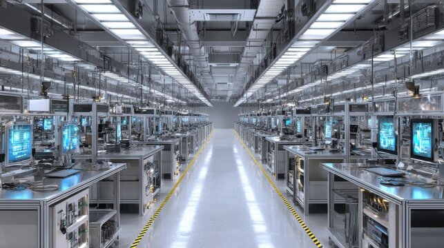 lab with rows of electronic gadgets being checked on blurred background