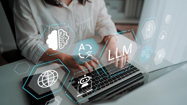 Woman Typing on Laptop with Digital Icons Representing Artificial Intelligence, Language Models, Global Communication, and Technology Innovations Gluon.