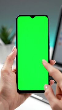 Blank Mobile Device Display with black man green screen chroma key smartphone in office african american person using internet social media online shopping phone focus on hand distortion, overlay