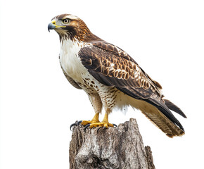 Side profile of a majestic hawk perched on a weathered tree stump isolated on white background.