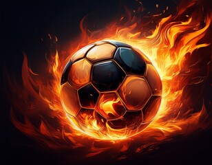 Fototapeta premium soccer ball engulfed in flames on a black background with intense orange glow