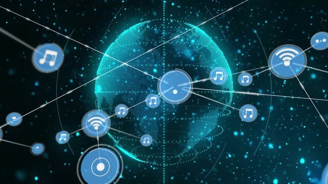 Hub appearing on glowing cyan dotted globe, nodes spawning linking showing music wifi mapping net