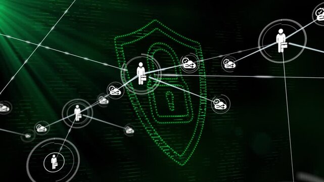 Central user silhouette pulsing, sending radial lines and spawning nodes to secure network shield