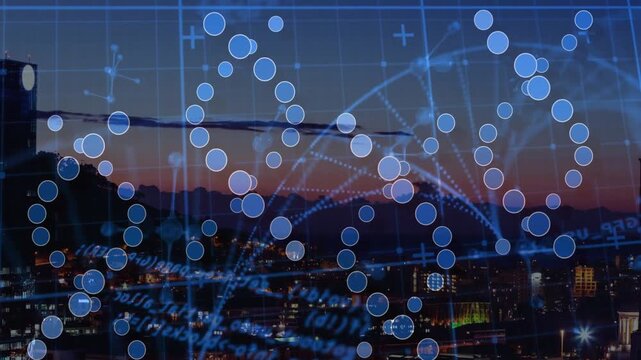 Incoming data pulse activating digital overlay on sunset skyline, nodes shifting, displaying info