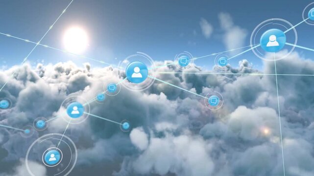 Solo blue node appearing with sun flare node icons rising and linking forming cloud network overlay