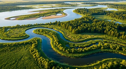 Obraz premium Aerial View of Serene River Landscape with Lush Greenery.