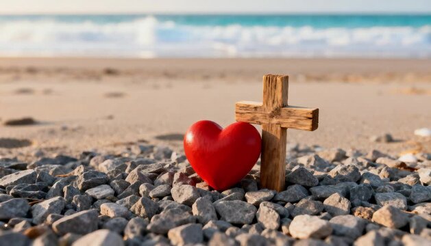 poignant close up of vibrant red heart and rustic wooden cross on gravel perfect for easter