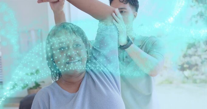 Woman raising arm, therapist guiding stretch in physio, teal neural ribbon tracking nerves for exam