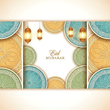 Elegant Eid Mubarak greeting card design featuring intricate Islamic patterns, traditional lanterns, and festive ornamentation for religious celebrations, perfect for banners and invitations