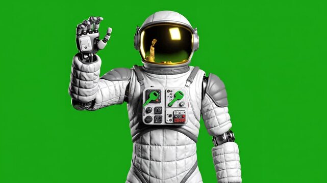 Close-up of gloved robot hand waving with astronaut waves on a green background high detailed 3d animation ultra hd 4k 3840x2160 distortion, screen overlay, glitch, static noise, scan lines black