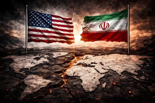 Global Faultline: USA and Iran Flags Over a Fractured World Map
