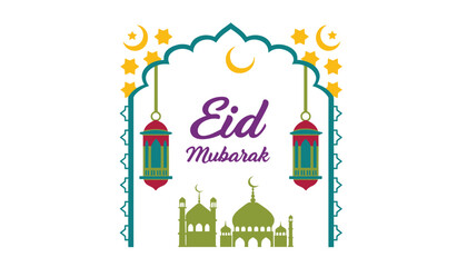 Fototapeta premium Eid Mubarak greeting card with mosque and lanterns illustration
