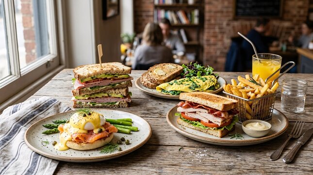 Breakfast Table Setting with Sandwiches and Juice.